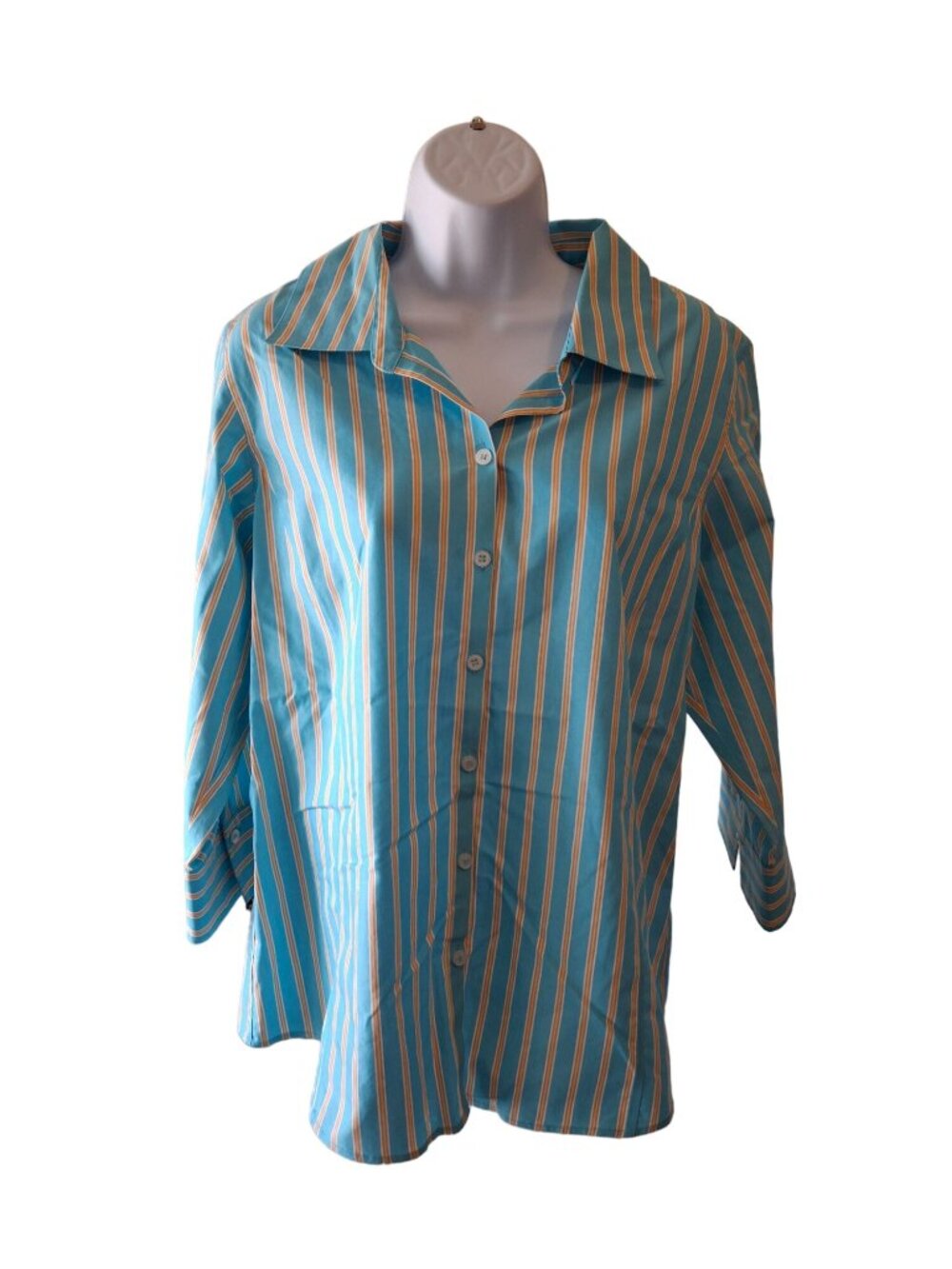Liz Claiborne Blouse Size 14 Turquoise Orange Stripe Non Iron 3/4 Sleeve Preppy
